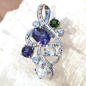 Iolite, Sunstone & Chrome Diopside Pendant Sterling Silver Natural Gemstones